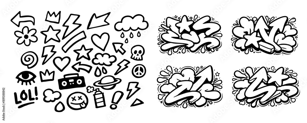 Obraz premium Collection of black and white graffiti doodles and urban street art elements, including stars, arrows, hearts, and spray cans in a hand-drawn style.