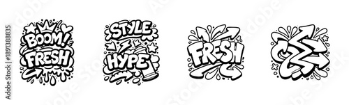 Set of black and white urban graffiti doodles with street art text elements like boom, fresh, style, and hype, featuring arrows and stars.