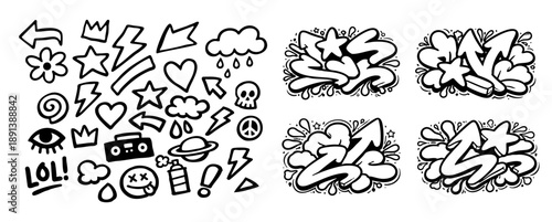 Collection of black and white graffiti doodles and urban street art elements, including stars, arrows, hearts, and spray cans in a hand-drawn style.