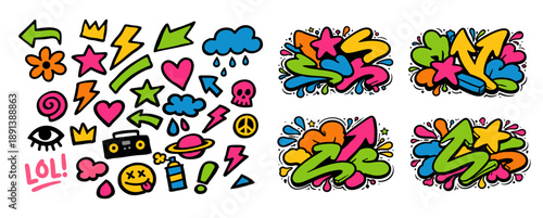 Colorful collection of hand-drawn graffiti doodles and street art elements, including stars, hearts, arrows, and tags in a vibrant urban style.