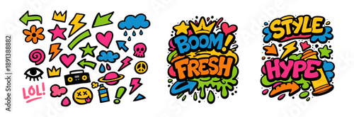 A vibrant collection of urban graffiti doodle elements and street art text compositions featuring words like boom, fresh, style, and hype.