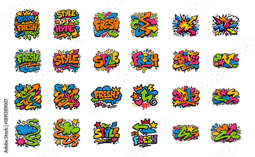 Set of vibrant graffiti stickers and tags featuring urban street art elements like arrows, stars, and words such as fresh and style.