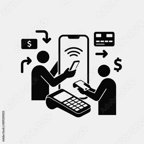 Two people using mobile phones for payment transaction with a card machine