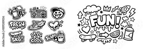 Urban graffiti sticker set and street art doodles in black and white line art style featuring skate and hip hop culture elements.