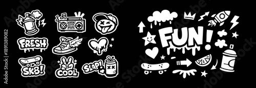 Black and white graffiti sticker set and urban doodles with spray cans, skateboards, and cool street art icons.