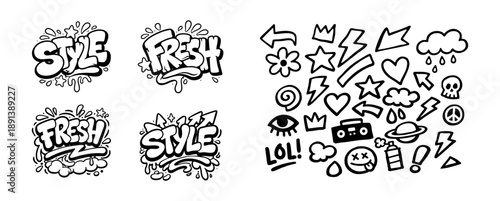 Vector set of graffiti style doodles and lettering including 'Fresh' and 'Style' words with street art icons in black and white.