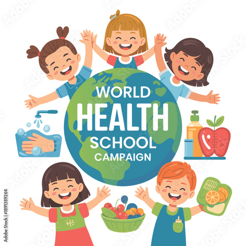 Diverse children happily surround a globe promoting world health school and well being concepts