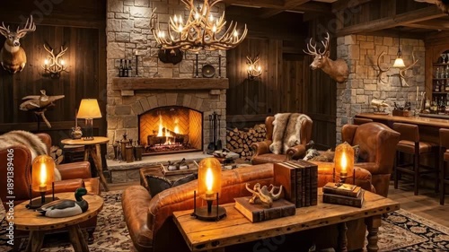 Wallpaper Mural Cozy rustic lodge with warm fireplace ambience and vintage decor Torontodigital.ca