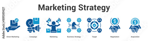 Marketing Strategy web banner icon set vector illustration concept for business with icon of Direct Marketing, Campaign, Marketing, Business Strategy, Targ.