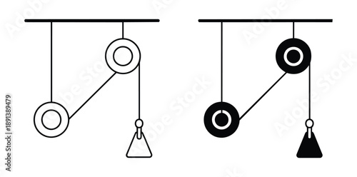 Physics Pulley System Formula Icon. Simple machines pulley system with line art and solid black versions. 