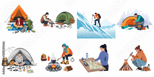 Essential outdoor adventure activities set featuring campers, hikers, and mountaineers preparing tents, cooking meals, navigating, and climbing snowy peaks.