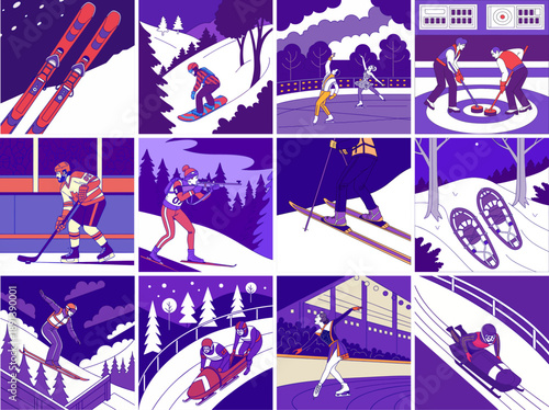 Various winter sports activities illustrated in vibrant purple style  