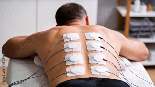 Electrotherapy treatment on male back for muscle recovery and pain relief