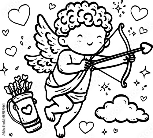 CupidonCute cupid with bow and heart arrows flying among clouds and hearts in cartoon doodle style, perfect for Valentine's Day cards, romantic designs

