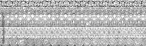 Vector illustration of horizontal decorative borders featuring floral motifs, geometric shapes, and symmetrical patterns in black and white