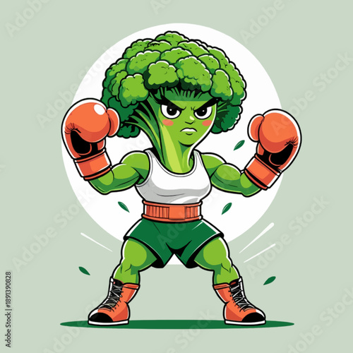 strong broccoli boxing character flat vector illustration/A cartoon broccoli character wearing boxing gloves and ready to fight