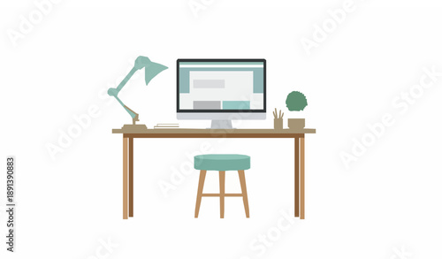 Minimal desk furniture composition with computer flat vector clip art