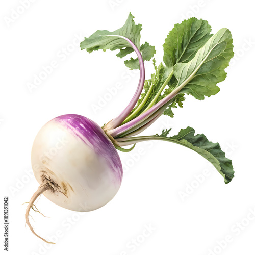 Single fresh turnip with vibrant green leaves