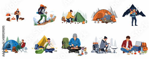 Outdoor Adventure Activities Vector Set: People Camping, Hiking, Cooking, and Preparing Gear in the Wilderness.