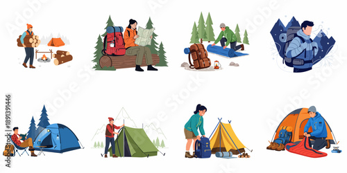 Hiking and Camping Adventure Activities Vector Set: Tents, Maps, Gear, and Wilderness Travel.