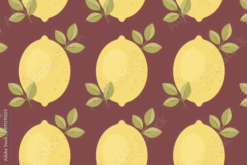 Seamless lemon pattern with leaves, bold citrus surface design on dark background, swatch available in swatches panel