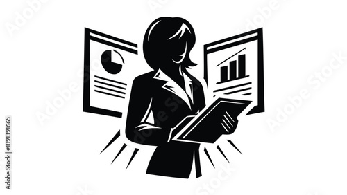 Businesswoman standing confidently with documents and analyzing reports and charts