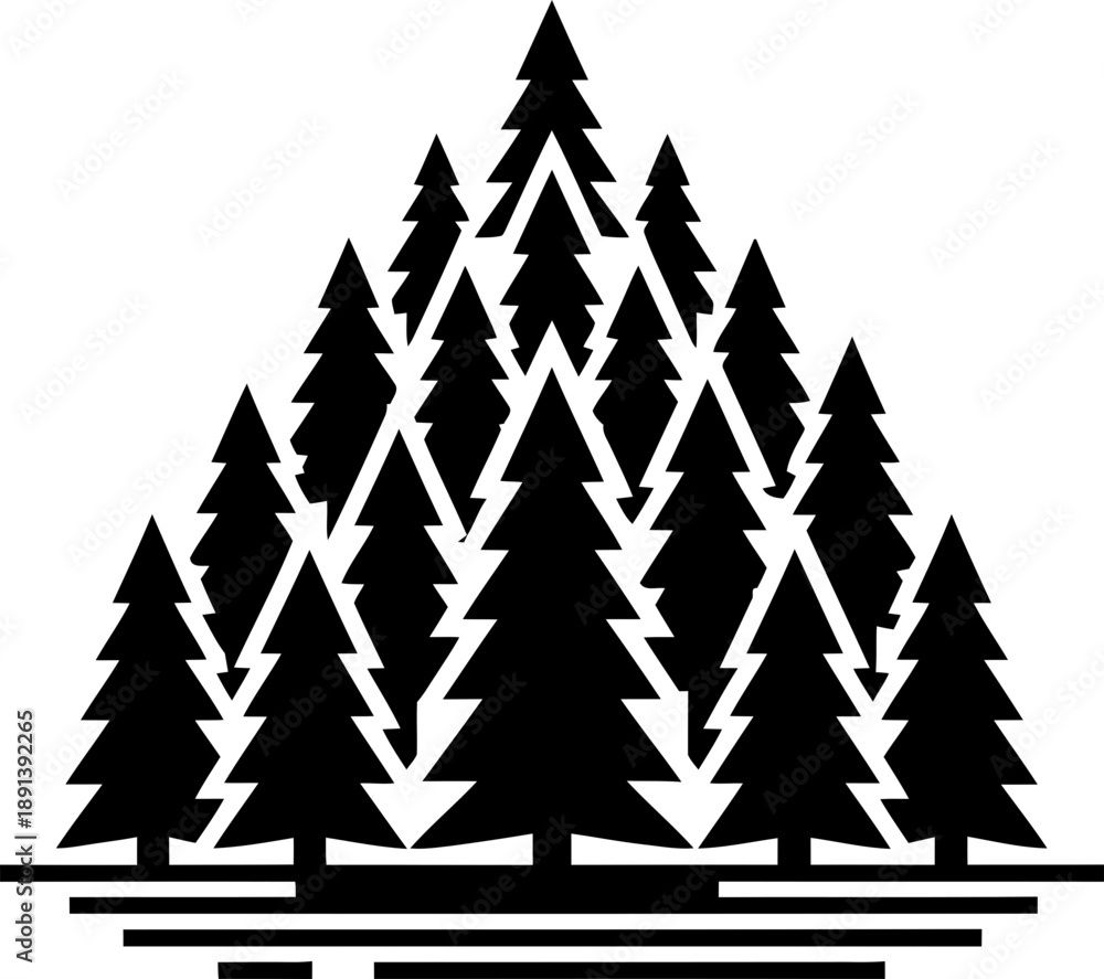Fototapeta premium Forest landscape with multiple pine trees in a minimalist silhouette design. Nature conservation concept. Vector illustration for emblem, logo, poster, badge, sticker