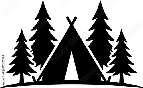 Black silhouette of a teepee tent surrounded by pine trees, representing outdoor adventure and nature camping. Vector illustration for travel poster, icon, logo