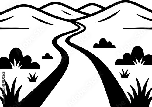 Winding road through hills and shrubs in a minimalist black and white style. Journey concept. Vector illustration for outdoors, travel, navigation, map