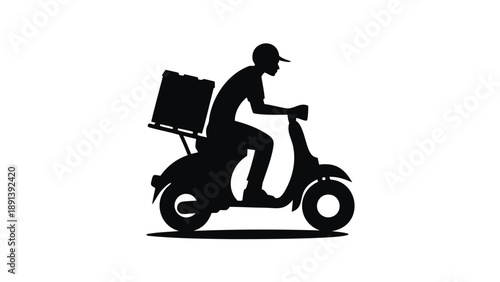 Silhouette of a delivery scooter rider leaning forward in motion with cargo