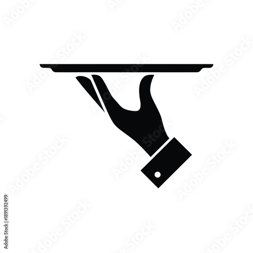 A black silhouette of a hand holding a rectangular serving tray