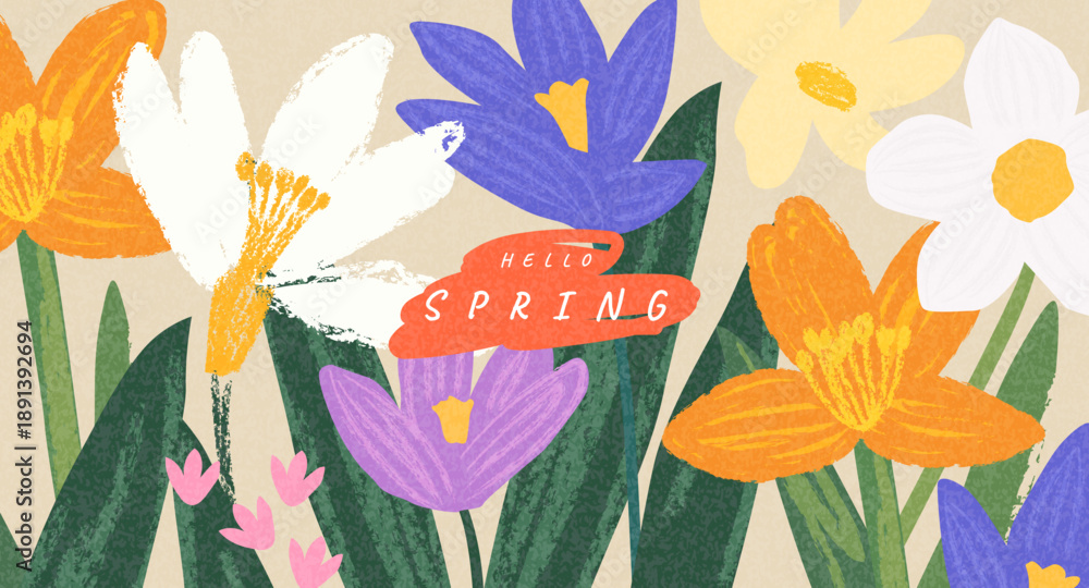 Naklejka premium Spring cutest card or poster for the spring holiday with wildflowers, Narcissus flower, Crocus flowers. Hand drawn crayon Floral art template for Womens Day March 8, Easter, birthday and Mothers Day