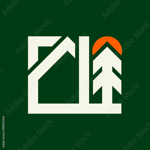 Bold minimalist forest home logo combining house and pine tree symbol. Suitable for real estate logo, eco housing brand, cabin rental identity, property development, and sustainable living business.