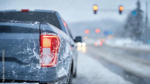 Close-up of taillights and crushed rear bumper, snow and ice around vehicle, traffic lights softly reflecting on icy street, overcast winter sky, detailed accident scene