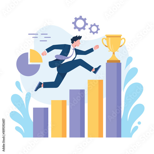Man in suit leaping towards a trophy over colorful bar graph