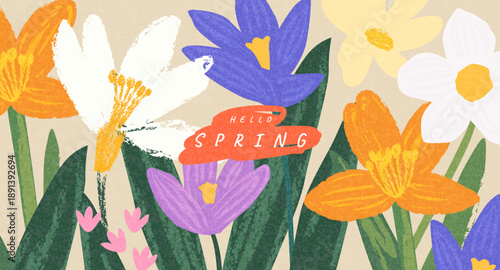 Spring cutest card or poster for the spring holiday with wildflowers, Narcissus flower, Crocus flowers. Hand drawn crayon Floral art template for Womens Day March 8, Easter, birthday and Mothers Day