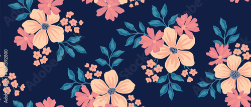 Floral seamless pattern with pink flowers field on a blue background. Repeating ditsy doodle flower meadow background. Vector design for paper, cover, fabric, interior decor and other