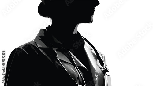 Silhouette of female physician wearing stethoscope profile view black and white medical professional