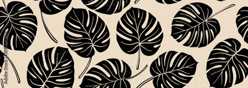 tropical monstera leaves seamless background vector. Wallpaper design with leaves shapes and scribble doodle linear leaf. vintage botanical floral seamless pattern.