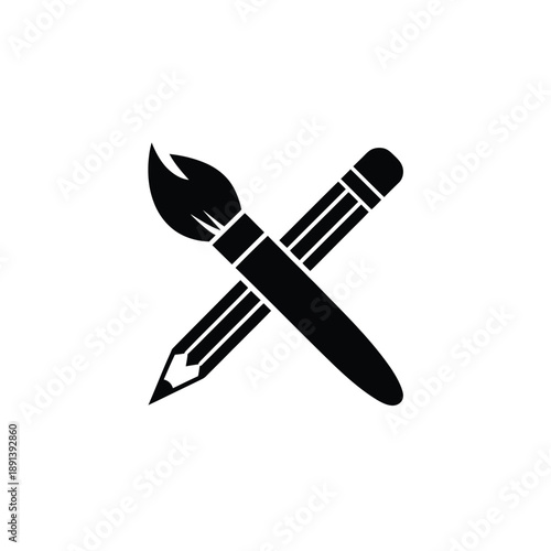 Black silhouette of a paintbrush and pencil crossed together