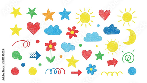 Hand-drawn elements set: A charming assortment of playful, hand-drawn elements like suns, stars, hearts, flowers, clouds, arrows, and swirls. Ideal for adding a touch of whimsy and fun to designs.