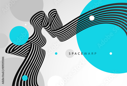 Vector abstract background with curve lines in 3D perspective and bright blue circles, road look like tape with stripes, dynamic speed and motion.