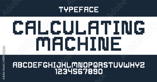 Minimal geometric cyberpunk font, vector typeface in geometry minimalist square style, future technology simple urban Neonoire typography, alphabet letters and numbers pixel style.