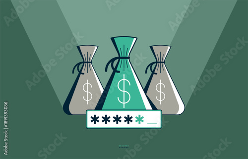 Secured savings concept poster, money bags with account password vector icon style illustration, safe bank deposit, moneybags savings protected.