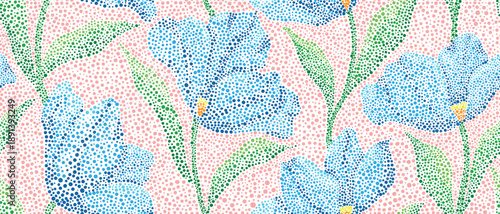 Seamless dotted floral pattern with blue flowers and green leaves on soft pink background. Decorative botanical design in halftone dot style, perfect for fabric, wallpaper, packaging and stationery