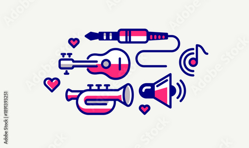 Sound producing and audio engineering vector detailed icon, music mixing and playing instruments.