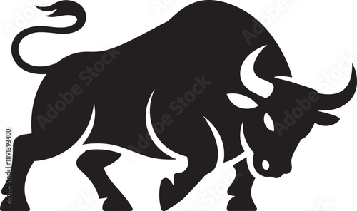 Strong black bull silhouette charging forward with horns lowered representing power and aggressive marketing