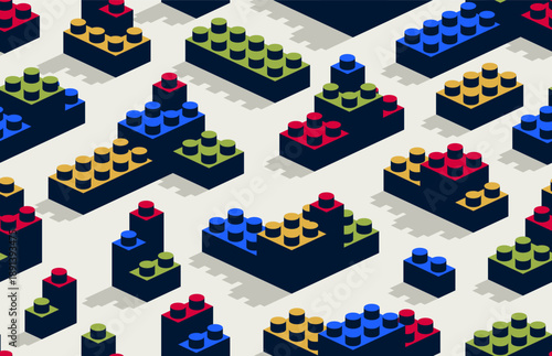 Toy constructor seamless pattern, isometric vector toy bricks tiling wallpaper, children game construction retro colored blocks endless pattern.