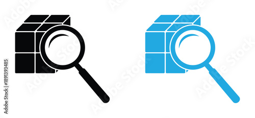 cube with blocks with magnifying glass. Item search vector icon. filled flat sign for mobile concept and web design. Magnifying glass and cube shape simple solid icon. Symbol, logo illustration.