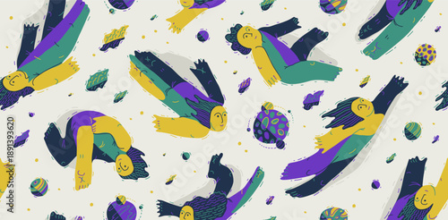 Levitating people seamless background, concept of freedom and imagination, peaceful and tranquil theme tiling wallpaper, dreamers floating among the planets in space.